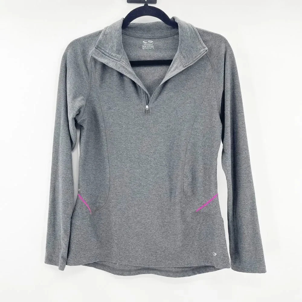 Champion‎ Track Jacket Women's Size M Gray Semi Fitted Quarter Zip Pink Trim